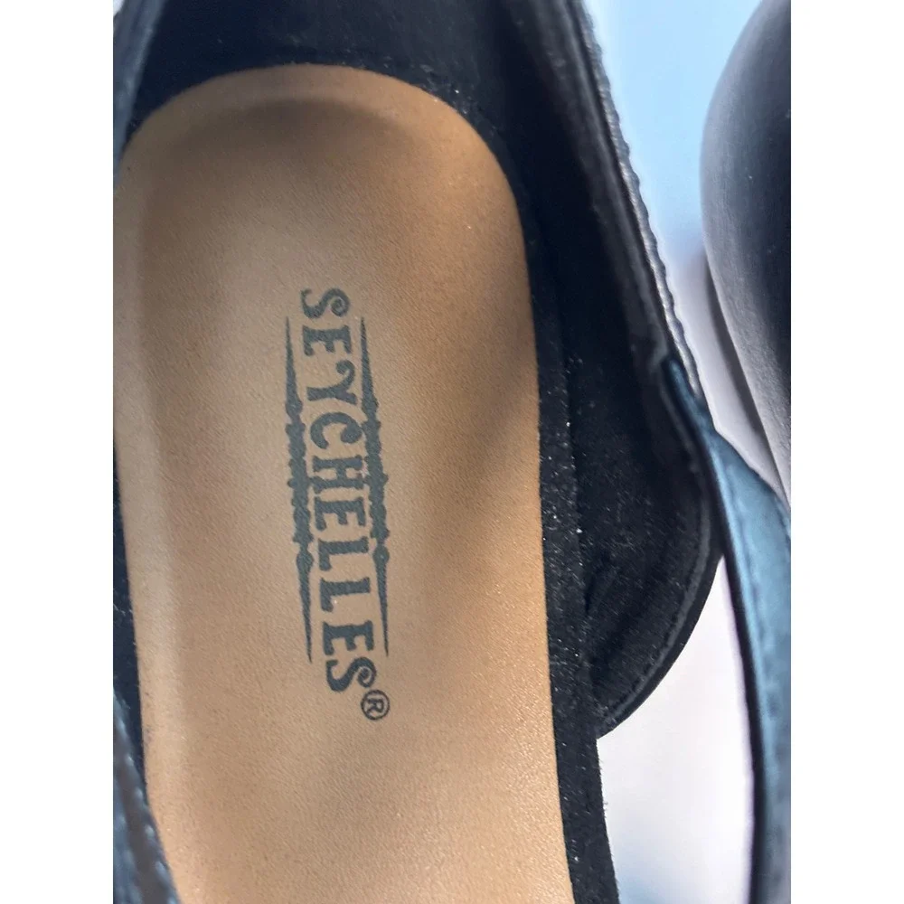 Seychelles Violet Wedge Shoes 7.5W Black Scalloped d'Orsay Pointed Toe Chic